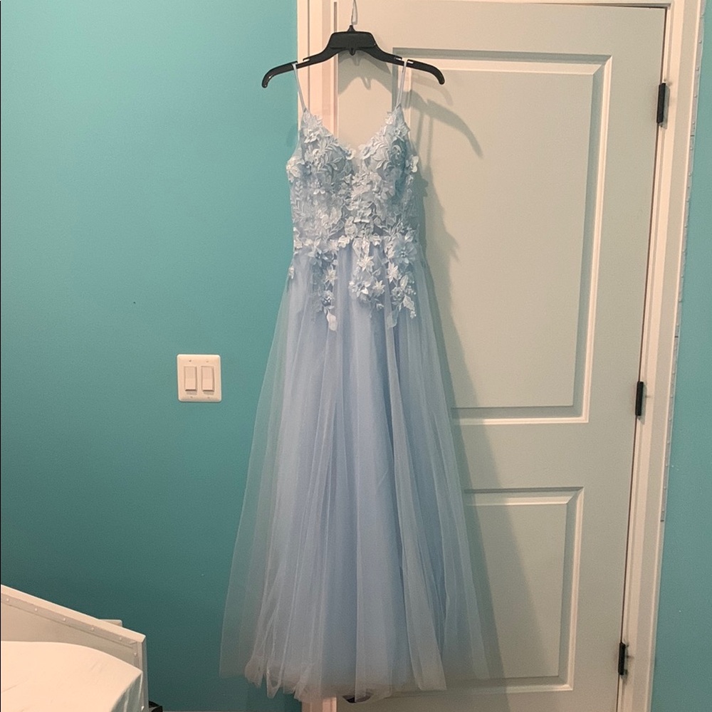 Embroidered Tulle Light Blue Prom Dress